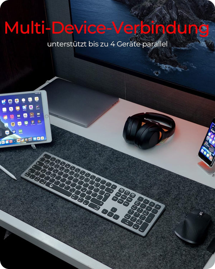 KeySonic Kabellose Bluetooth-Tastatur für Windows/MacOS/Android, Deutsches QWERTZ-Layout, Schwarz