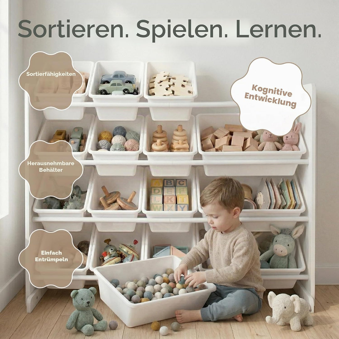 Humble Crew extragrosses Kinderregal aus Holz, Weiss! 16 Kunststoffboxen für Spielzeug, ideal für Ki