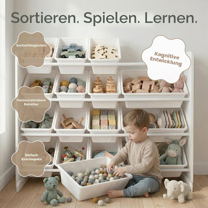 Humble Crew extragrosses Kinderregal aus Holz, Weiss! 16 Kunststoffboxen für Spielzeug, ideal für Ki