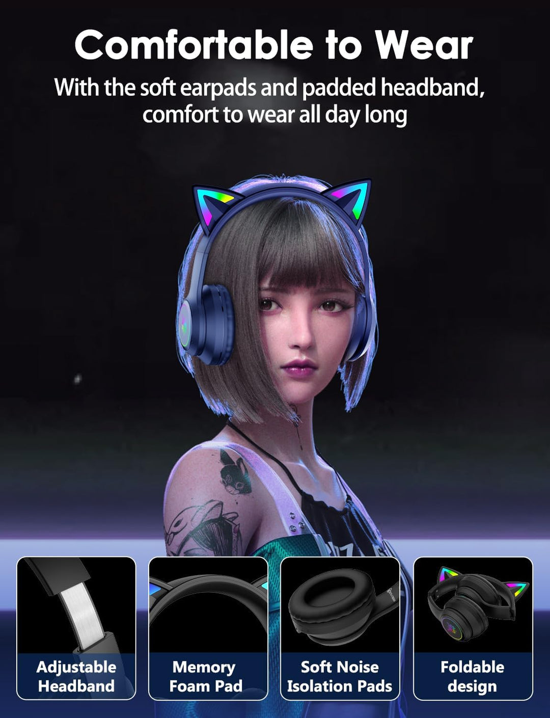 Bluetooth-Kopfhörer mit LED-Katzenohren – Kabelloses Over-Ear Headset mit Mikrofon, Hi-Fi Stereo-Sou