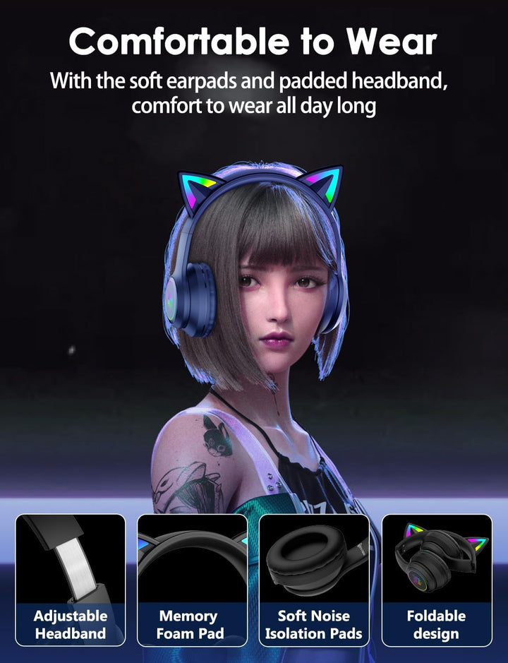 Bluetooth-Kopfhörer mit LED-Katzenohren – Kabelloses Over-Ear Headset mit Mikrofon, Hi-Fi Stereo-Sou