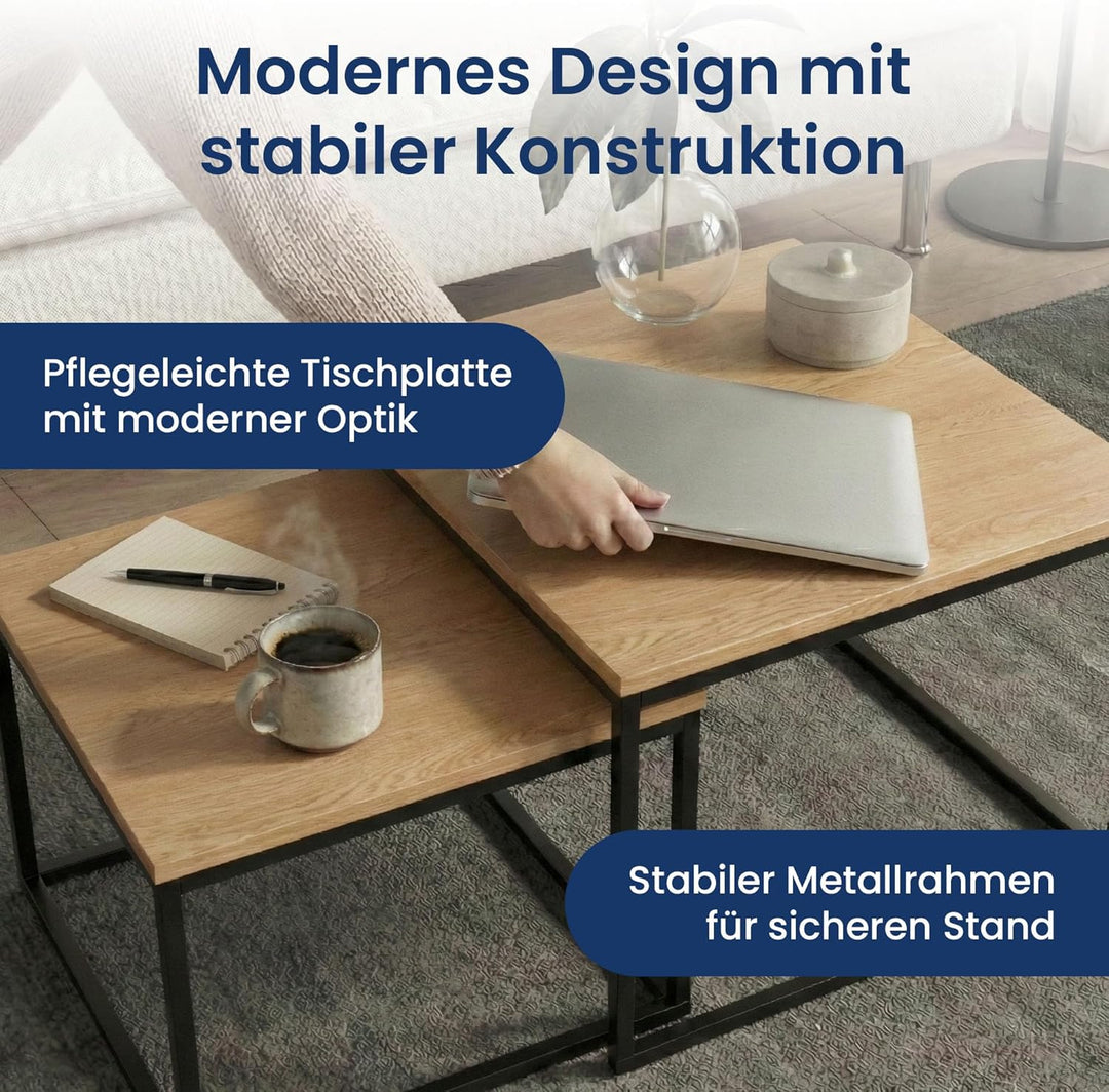 Home Collective Couchtisch 2er Set quadratisch aus Holz, Wohnzimmertisch Modern, Beistelltisch Set 2