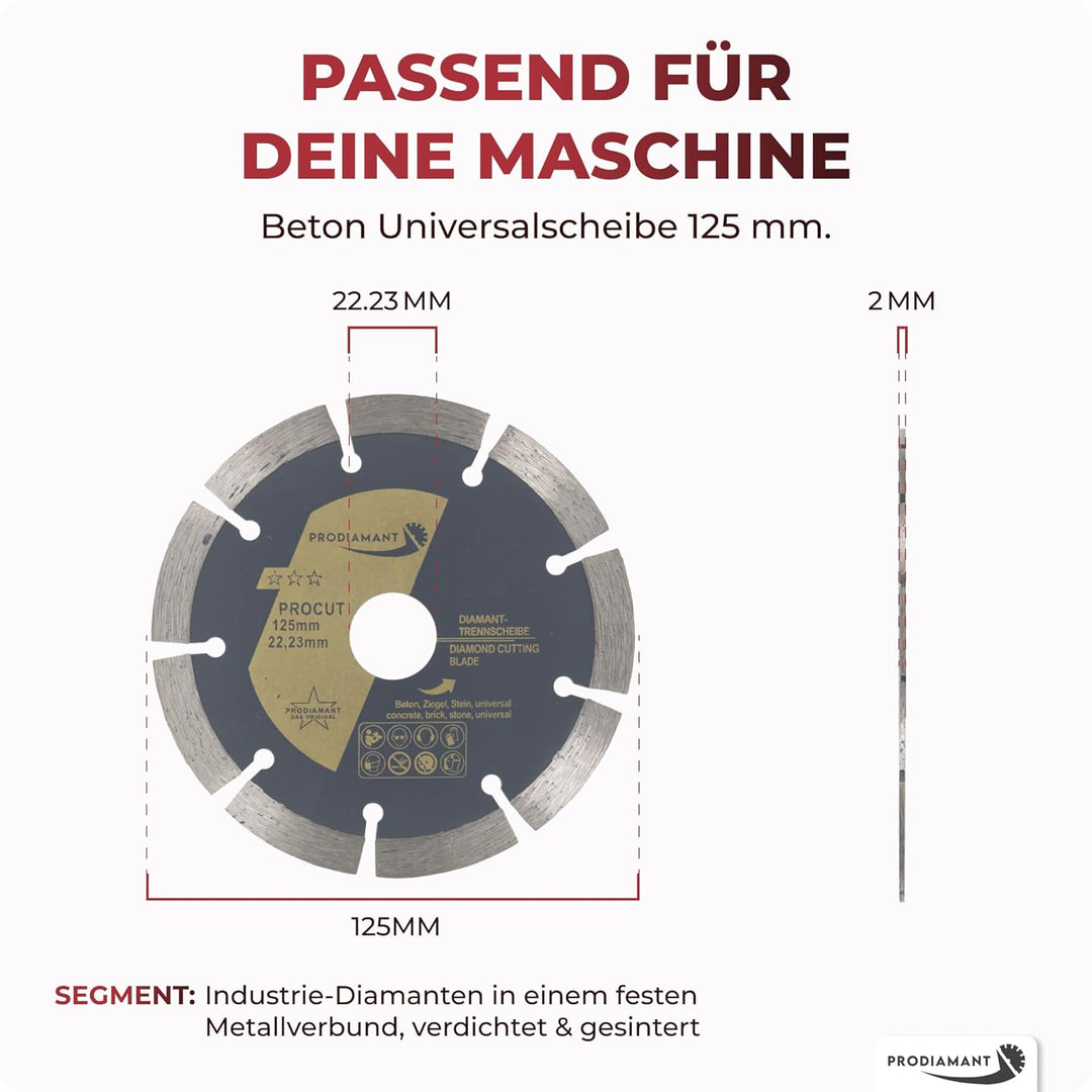 PRODIAMANT Diamanttrennscheiben Set 2x 125mm universal Trennscheibe für Stein, Beton, Granit, Mauerw