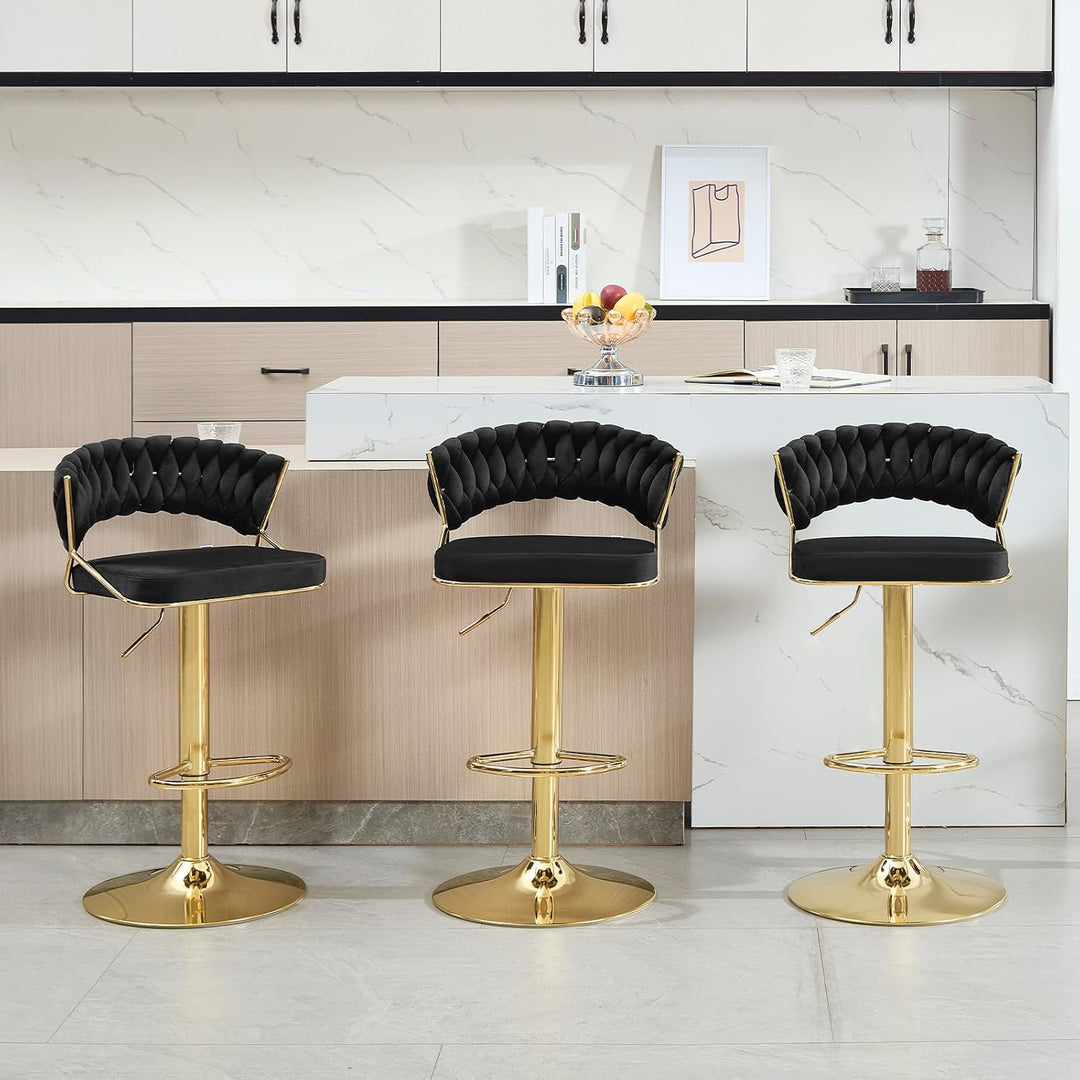 WOLTU Barhocker 2er Set, mit geflochtener Rückenlehne, Samthocker, Schwarz | Barstuhl 360° drehbar,