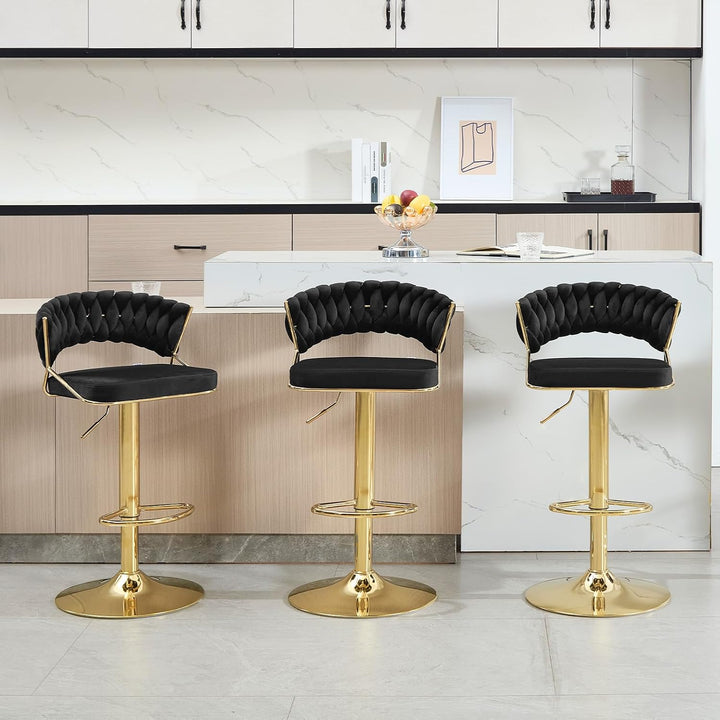 WOLTU Barhocker 2er Set, mit geflochtener Rückenlehne, Samthocker, Schwarz | Barstuhl 360° drehbar,