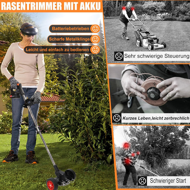 Akku-Rasentrimmer 21V Elektrischer Rasentrimmer - Motorsense akku Mit 2x2000mAh Batterie und 4 Messe