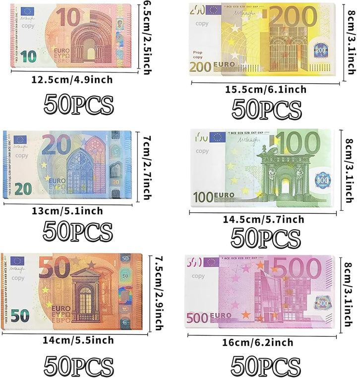 300 Blätter Prop Money Enthält 6 Werte Spielgeld Euro Scheine 10/20/50/100/200/500 Fake Geld Falschg
