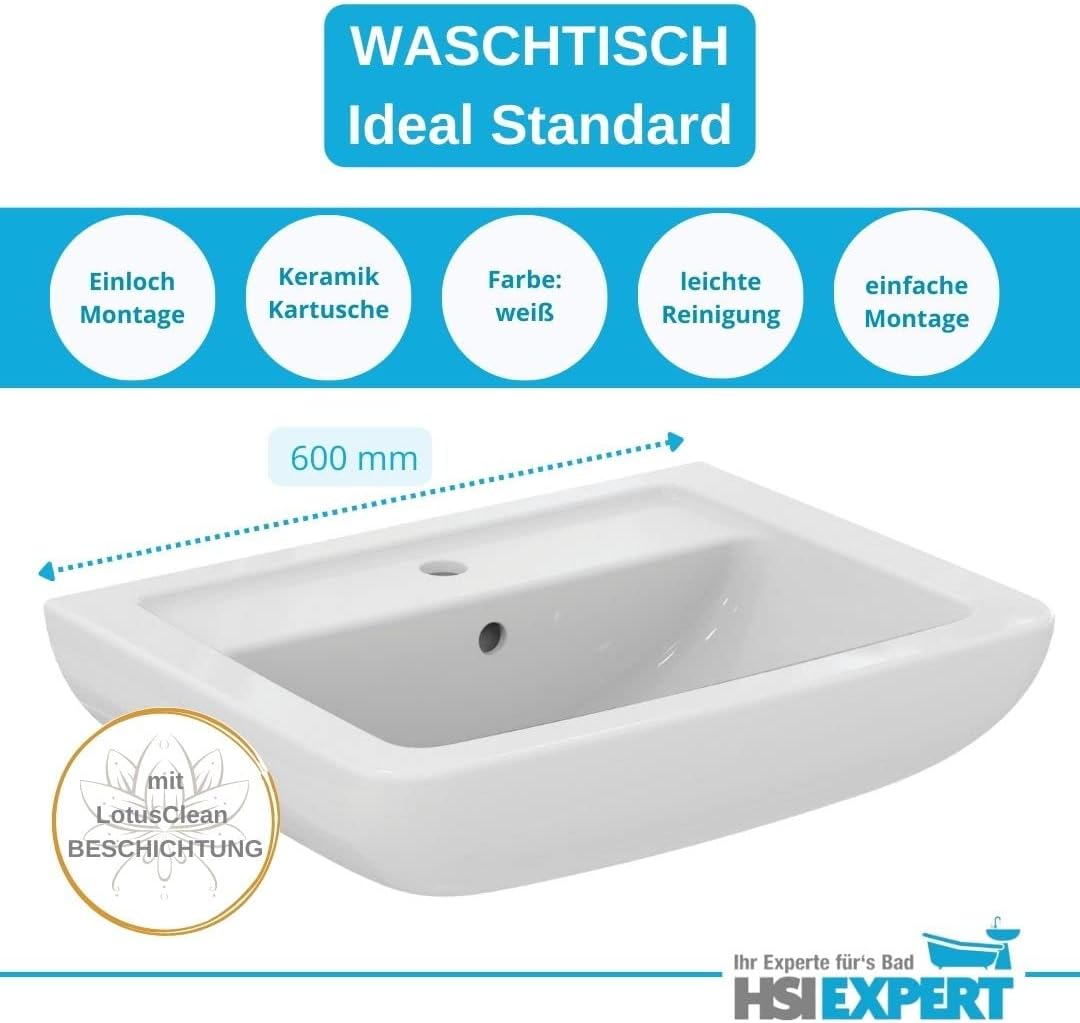 Waschbecken - Waschtisch - 60cm Ideal Standard mit Lotus Beschichtung - Grohe Armatur Komplettset -