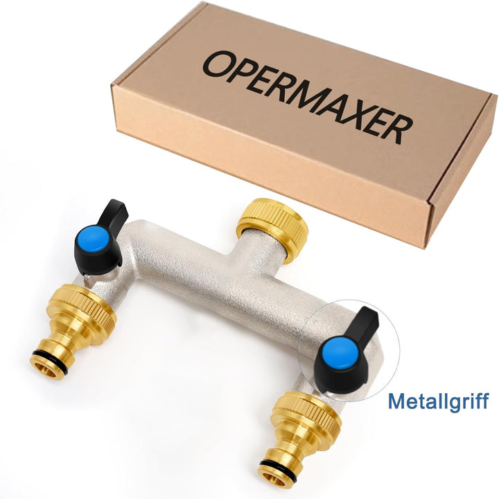 2-Wege Wasserhahn Wasserverteiler aus Messing für 2 Geräte/Gartenschläuche, 2er Verteiler 3/4" Adapt