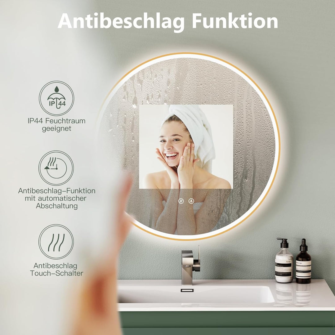 HOKO LED Badspiegel Beschlagfrei rund 80 cm Stockholm mit Metall Rahmen Gold. Runder Wandspiegel Ene