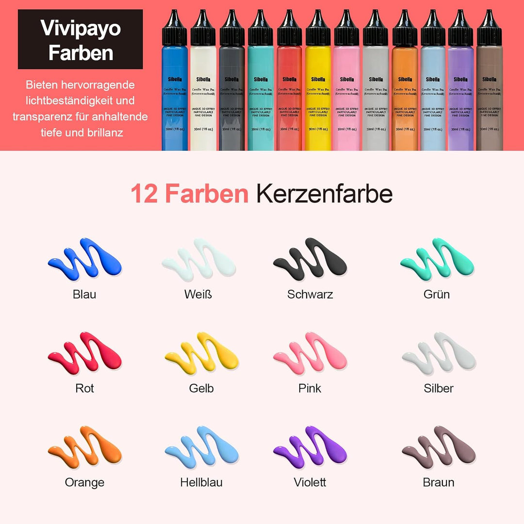 12 Stück Wachsstifte für Kerzen, Kerzenstifte 10 ml, mit vorgestanzten Aufklebern und Schwammwerkzeu