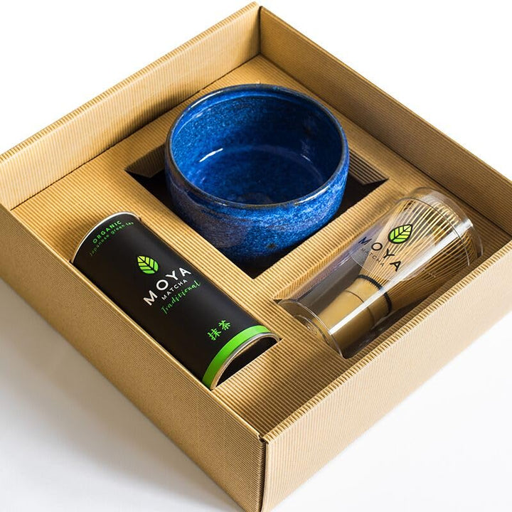 Organischer Moya Matcha Tee Set Pulver Grün | BIO 30g Traditionelle Klasse (II) | Verpackung + blaue