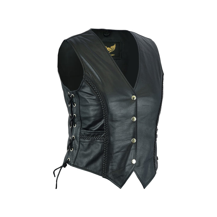 Leatherick Damen Braided motorradfahrer stil Leder weste schwarz XL Schwarz, XL Schwarz