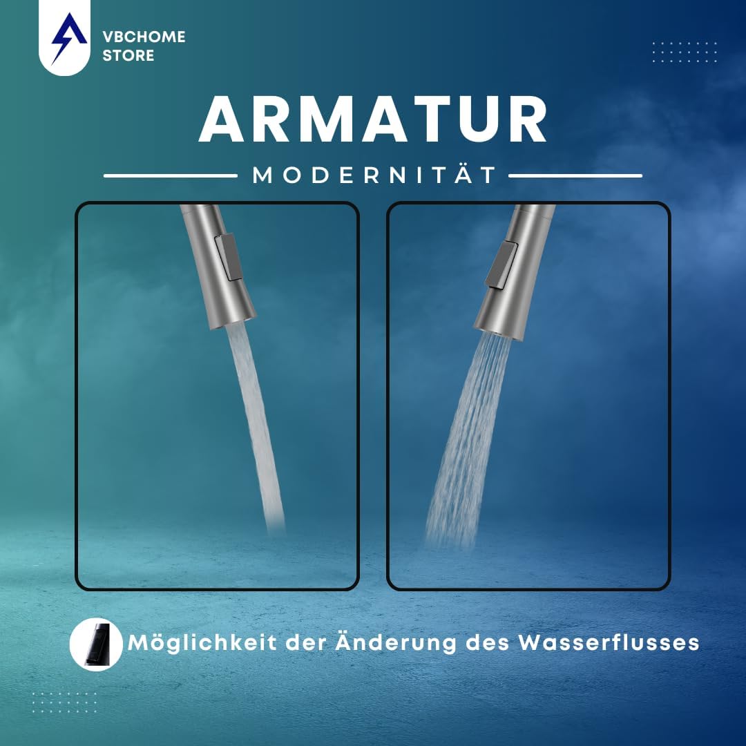 VBChome Küchenarmatur Gebürsteter Edelstahl mit ausziehbarem Auslauf, 360° drehbar, mit Knopf für St