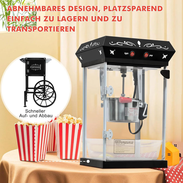 Popcornmaschine mit Wagen 8 OZ Kessel Popcornmaschine Gross,Entnehmbarer Topf Popcornmaker Retro Pop