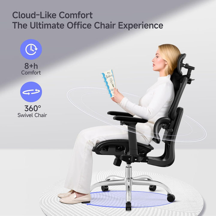 Ergonomischer Bürostuhl Schreibtischstuhl, Netzstoff Drehstuhl mit 2D-Lendenwirbelstütze & 3D-Kopfst
