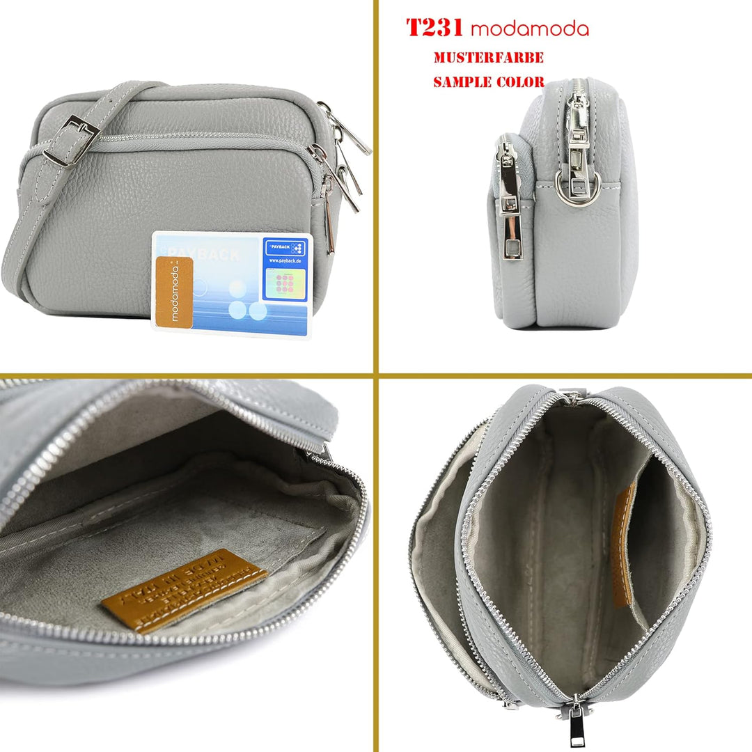 modamoda de - T231 - ital. Umhängetasche Klein Small aus Leder Blattgrün, Blattgrün