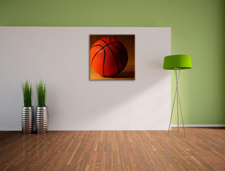 Pixxprint Basketball schwarzer Hintergrund, Format: 70x70 auf Leinwand, riesige Bilder fertig gerahm