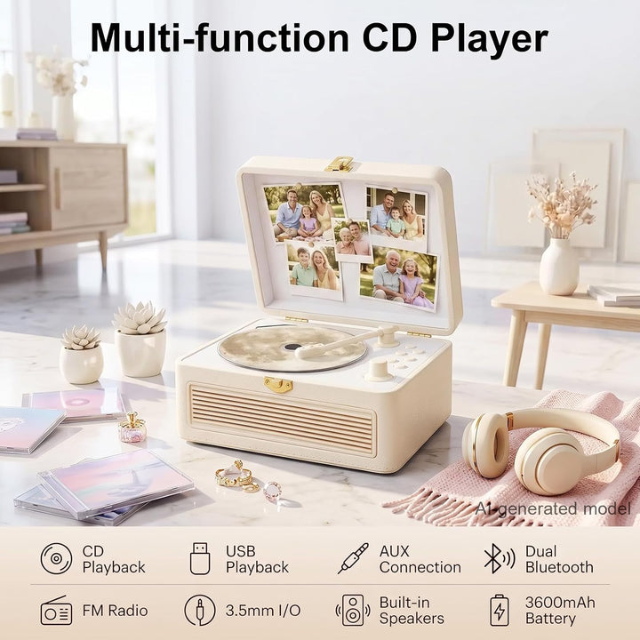 Gueray Tragbarer Bluetooth CD-Player mit Lautsprechern 3600mAh Wiederaufladbarer Vintage CD Spieler