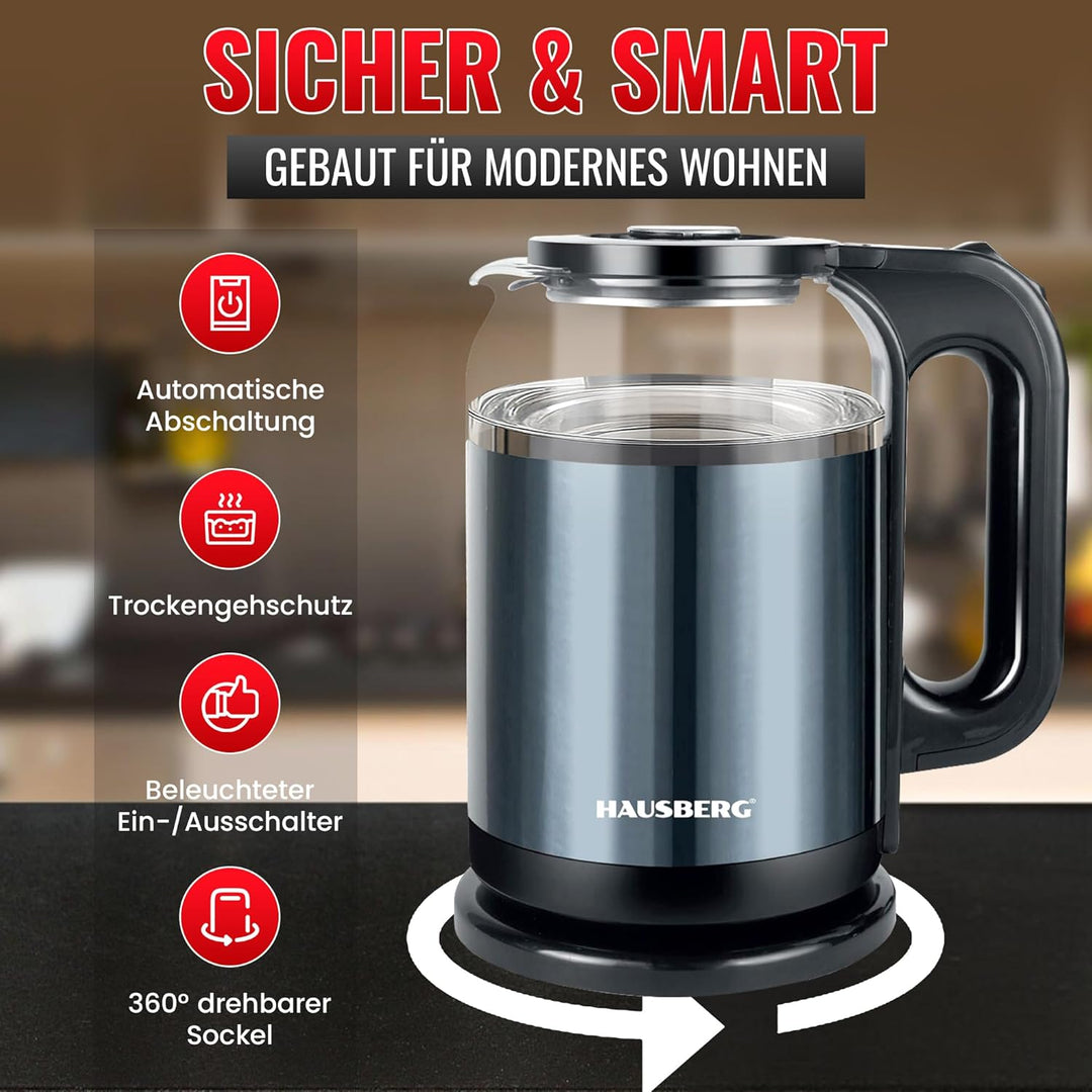 Wasserkocher 2L – Edelstahl & Glas – 1800W, Kabellos, mit LED-Beleuchtung – Automatische Abschaltung
