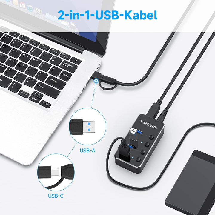 USB Hub Aktiv 3.0 mit Netzteil, RSHTECH USB 3.0 Hub mit 4 Datenports USB 3.0 Port Verteiler mit 100c