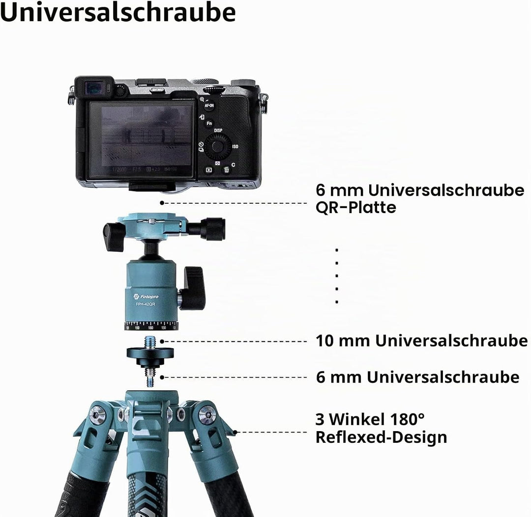 Fotopro Carbon Stativ 151 cm 360-Grad-Kugelkopf Schnellwechselplatte Leichtes Kamera Stativ für Reis
