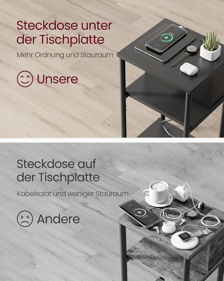 VASAGLE Beistelltisch, Nachttisch mit Steckdose, schmal, 2 AC-Anschlüsse, 2 USB-Anschlüsse, 30 x 34