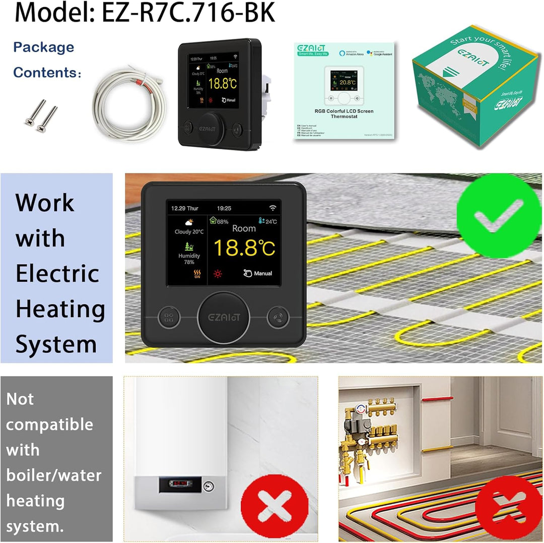 EZAIoT IPS WiFi Thermostat -Fussbodenheizung -Elektro-/Folien-/Mattenkabelheizung -Luftfeuchtigkeit