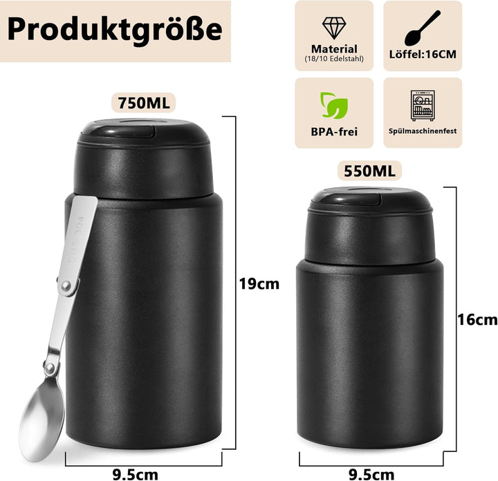 Thermobehälter für Essen 550ml, Edelstahl Warmhaltebehälter Essen mit Löffel, müslibecher to go, The