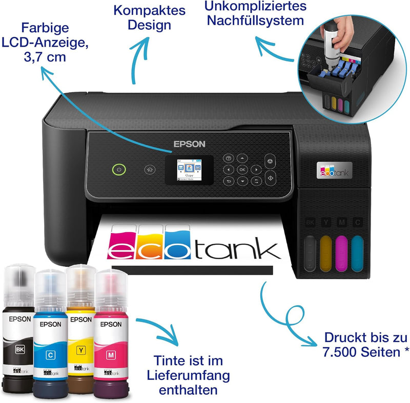 EcoTank ET-2870 A4-Multifunktions-Wi-Fi-Tintentankdrucker, mit einem im Lieferumfang enthaltenen Vor