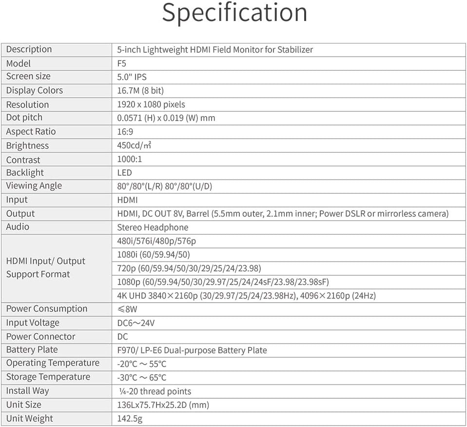 Feelworld F5 5 Zoll DSLR Kamera Field Monitor Small Full HD 1920x1080 IPS Video Peaking Focus Assist