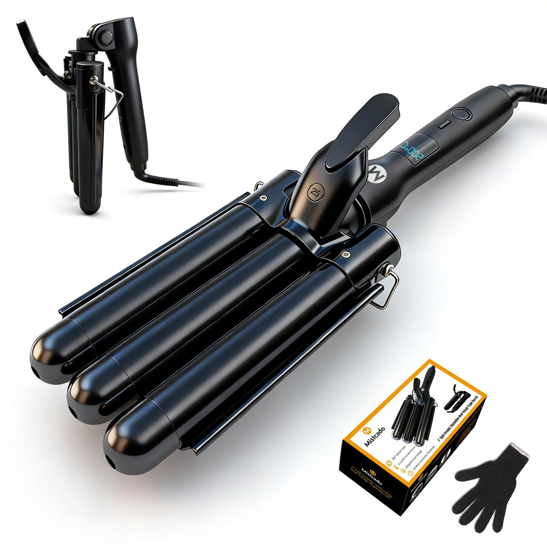 3 Fässer Welleneisen, 25mm Keramik Turmalin Haar Lockenstab Waver Wand mit LCD-Temperaturanzeige, Sc