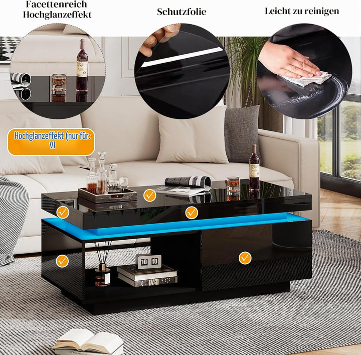 Merax Moderner Hochglanz-Couchtisch mit LED-Beleuchtung, 100x50x40,3 cm, Schwarz Wohnzimmer-Tisch mi