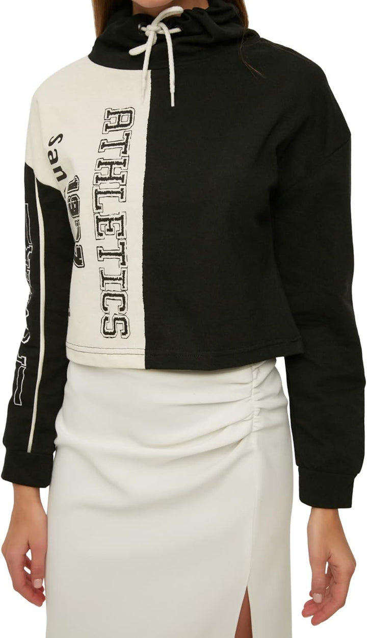 TRENDYOL Damen Schwarzer Steile Kragen Gedruckt Grundlegend Dünn Gestricktes Sweatshirt, S
