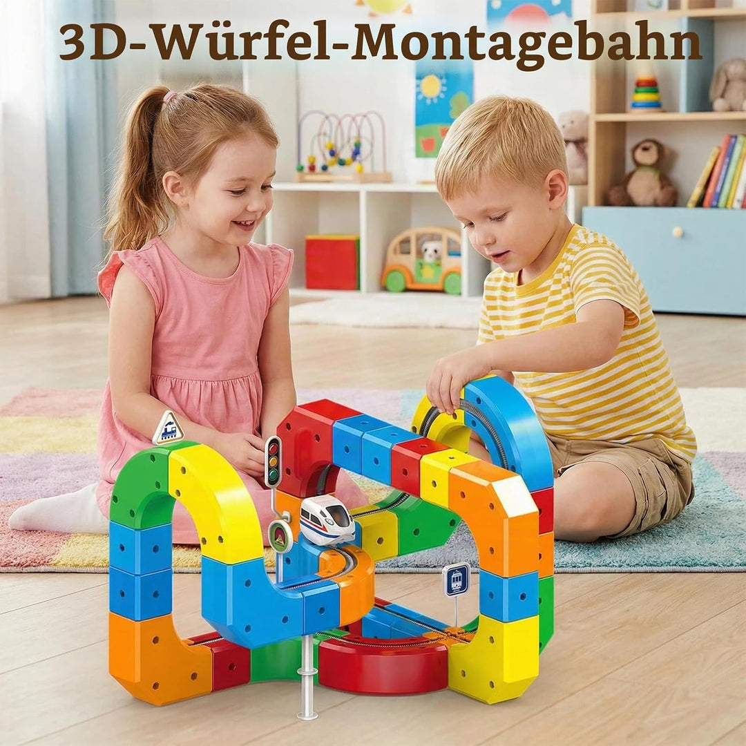 123PCS Elektrisches Zugset,Elektrisches Magisches Schienen WüRfelzug Set,Cube Track Block mit Schwer