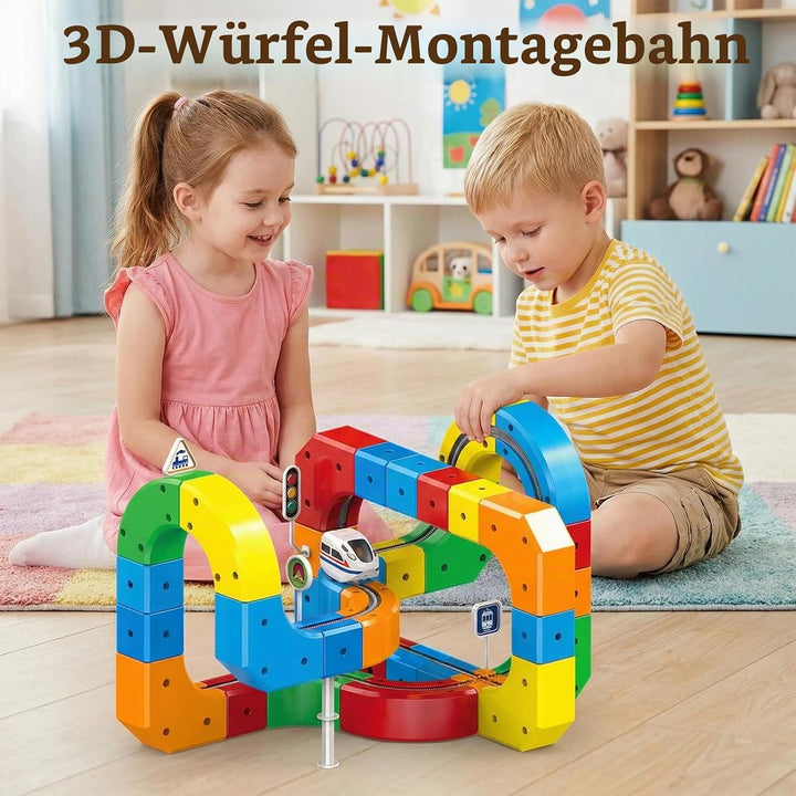 123PCS Elektrisches Zugset,Elektrisches Magisches Schienen WüRfelzug Set,Cube Track Block mit Schwer