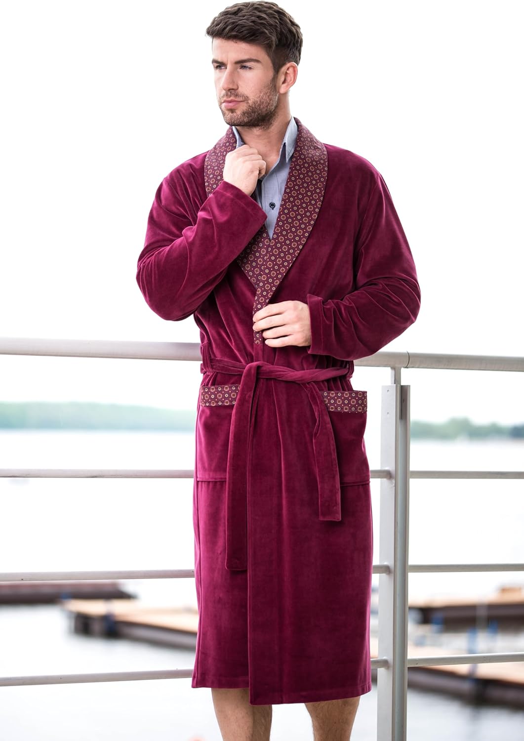 Revise Joel RE-101 Herren Bademantel aus Velours - lang und elegant XL Burgund Rot, XL Burgund Rot