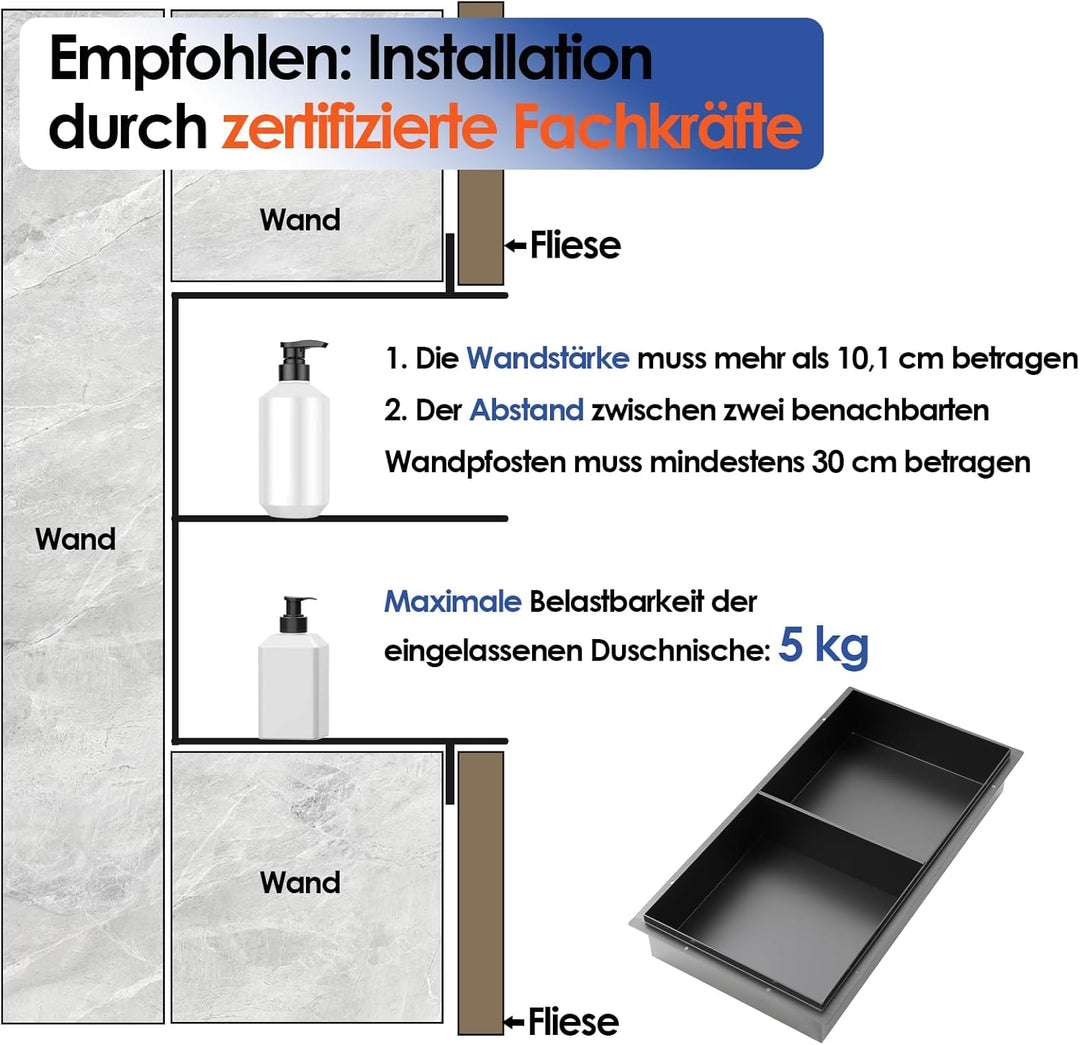Wandnische Dusche, 600 x 300 x 101 mm OUGOO Edelstahl Duschnische Randlos Lagerung Doppelnische für