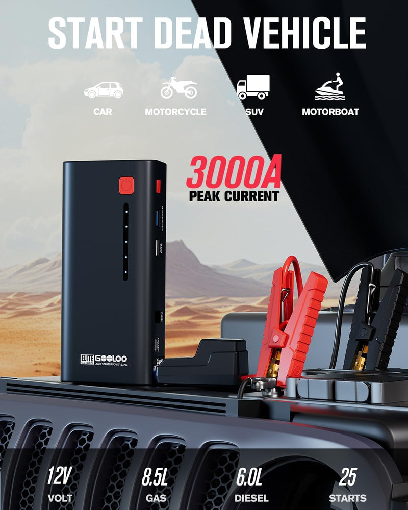 GOOLOO 3000A Starthilfe Powerbank, Powerbank Auto Starthilfe 12V up to 8.5L Benzin or 6.0L Diesel Mo