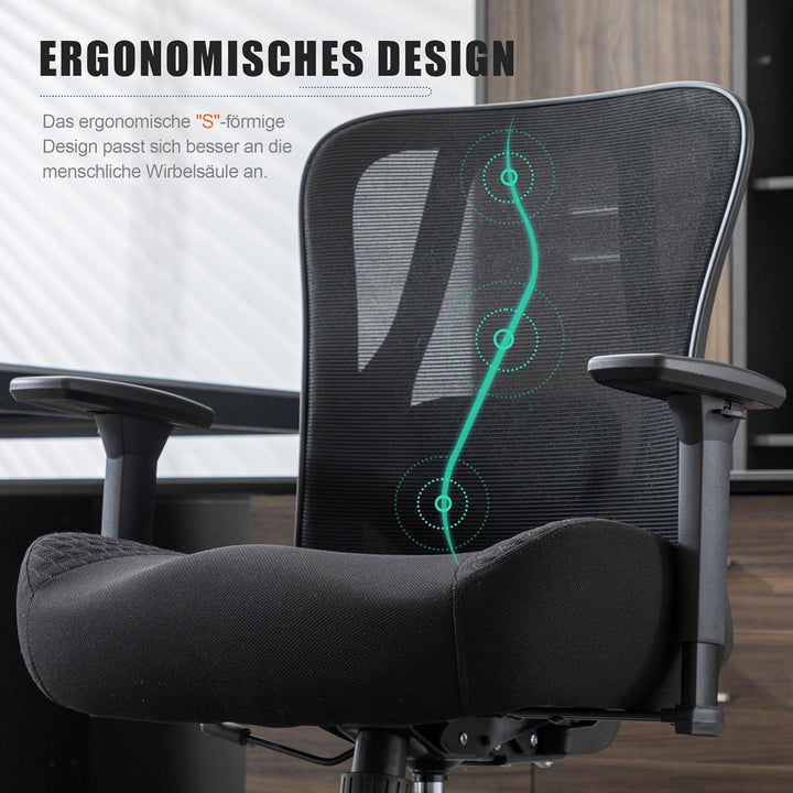 UEV Ergonomischer Bürostuhl 230kg, Verstellbare Lendenwirbelstütze/Armlehnen, atmungsaktiv Netzbespa