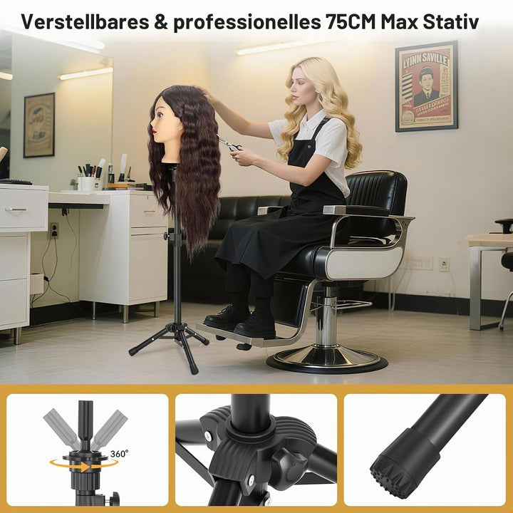 ekavo Friseurkopf mit Stativ, Trainingsköpfe mit 90% Echthaar 58CM, Schaufensterpuppe zum Frisieren,