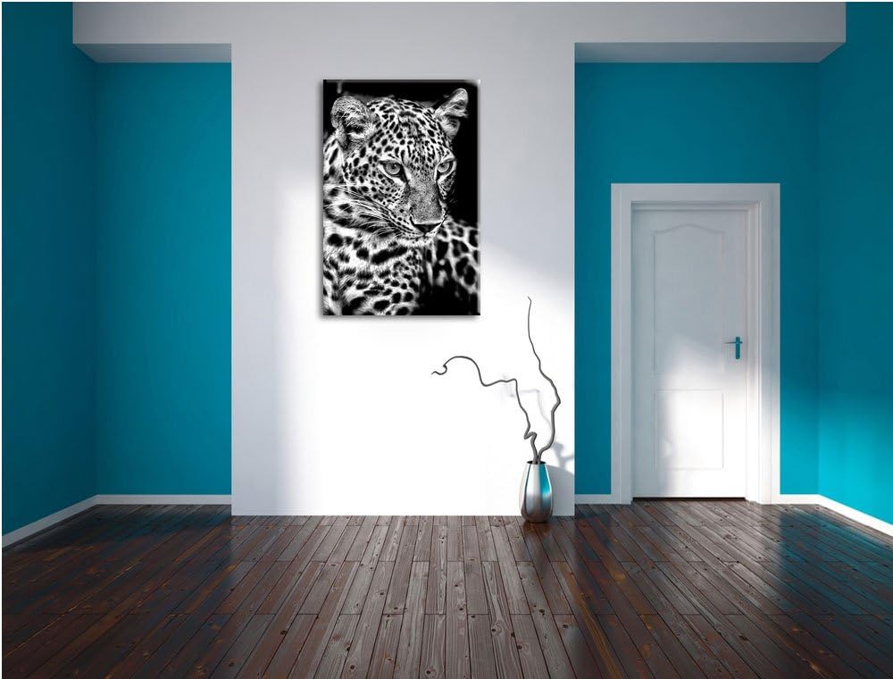 Pixxprint Leopard mit blauen Augen / 100x70cm Leinwandbild bespannt auf Holzrahmen/Wandbild Kunstdru