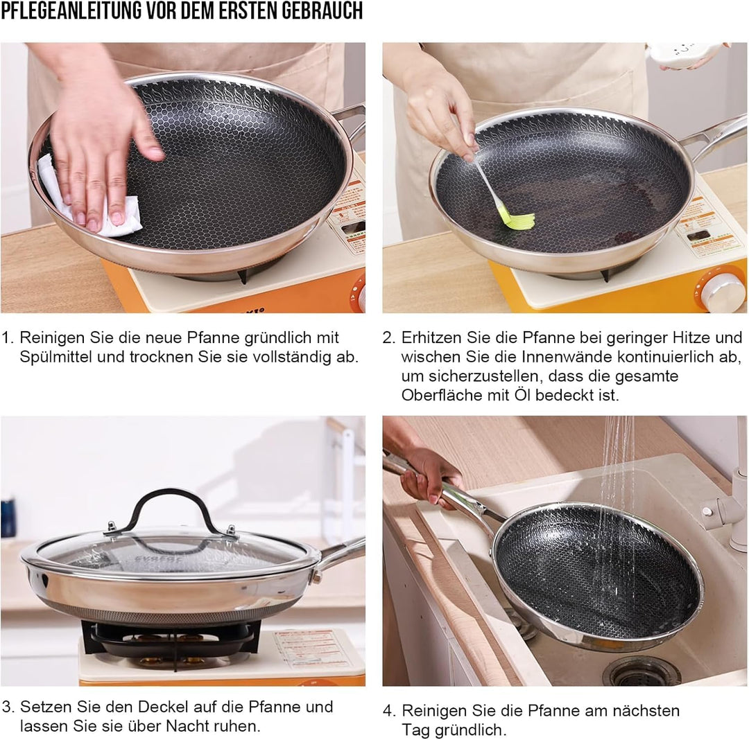 Edelstahlpfanne 24 cm mit Deckel, 3-Schicht Antihaft Wabenpfanne, ergonomischer Edelstahlgriff, Edel