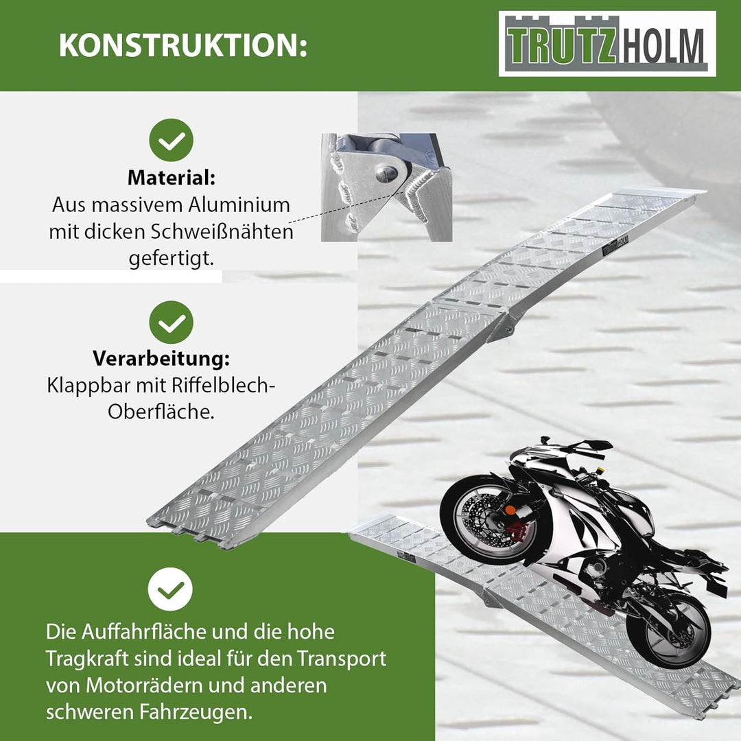 TRUTZHOLM 1 x Auffahrrampe klappbar 226 cm Traglast 680 kg Alu grau Motorradrampe Verladerampe Land
