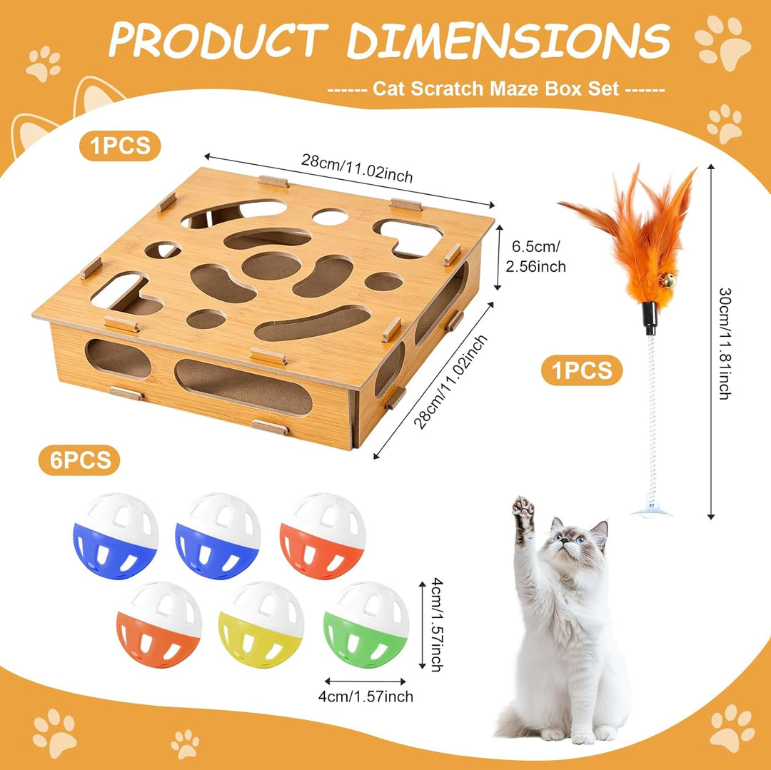7 Stück Interaktives katzenspielzeug, Katzen Kratzpuzzle Beschäftigungsbox, mit Glockenbällen, Kratz