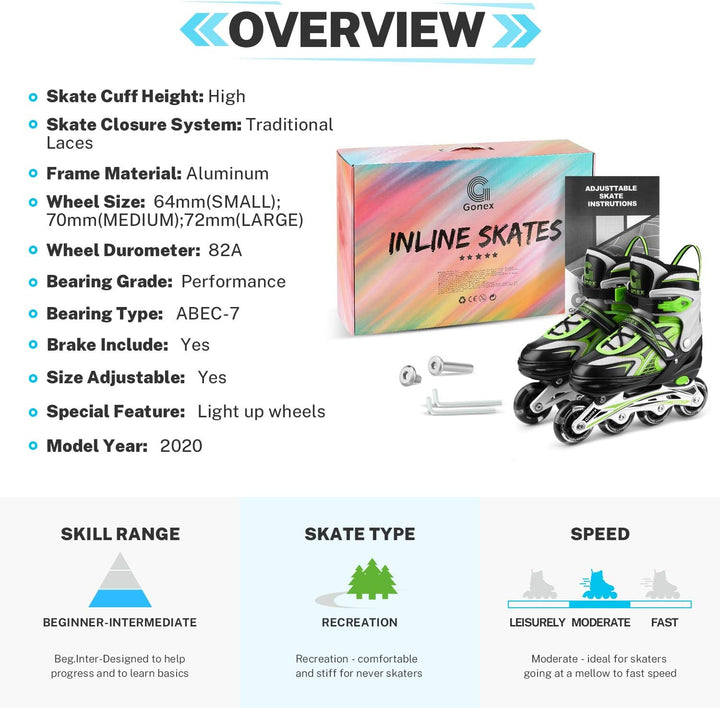 Gonex Inliner für Kinder, Inline Skates für Mädchen Jungen mit Leuchtende Räder Einstellbarer Grün M