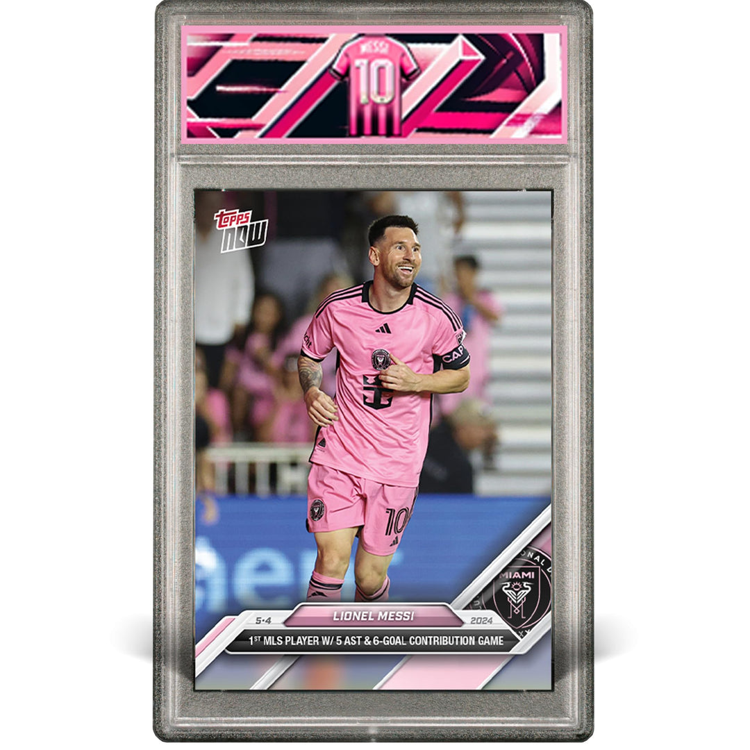 Topps Now Lionel Messi Miami MLS, "Record 6 Assistences and 1 Gol", Sonderdesign, geschützt mit Slab
