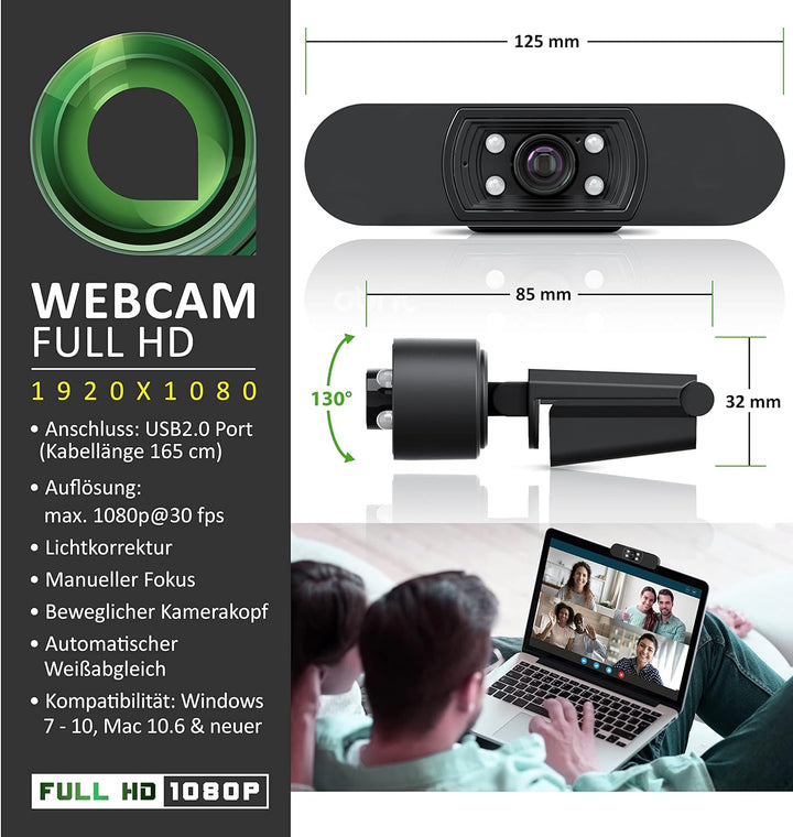 CSL - Full-HD Webcam 1080p mit Auto-Lichtkorrektur, 30 FPS mit Mikrofon, Belichtungskorrektur, USB-A