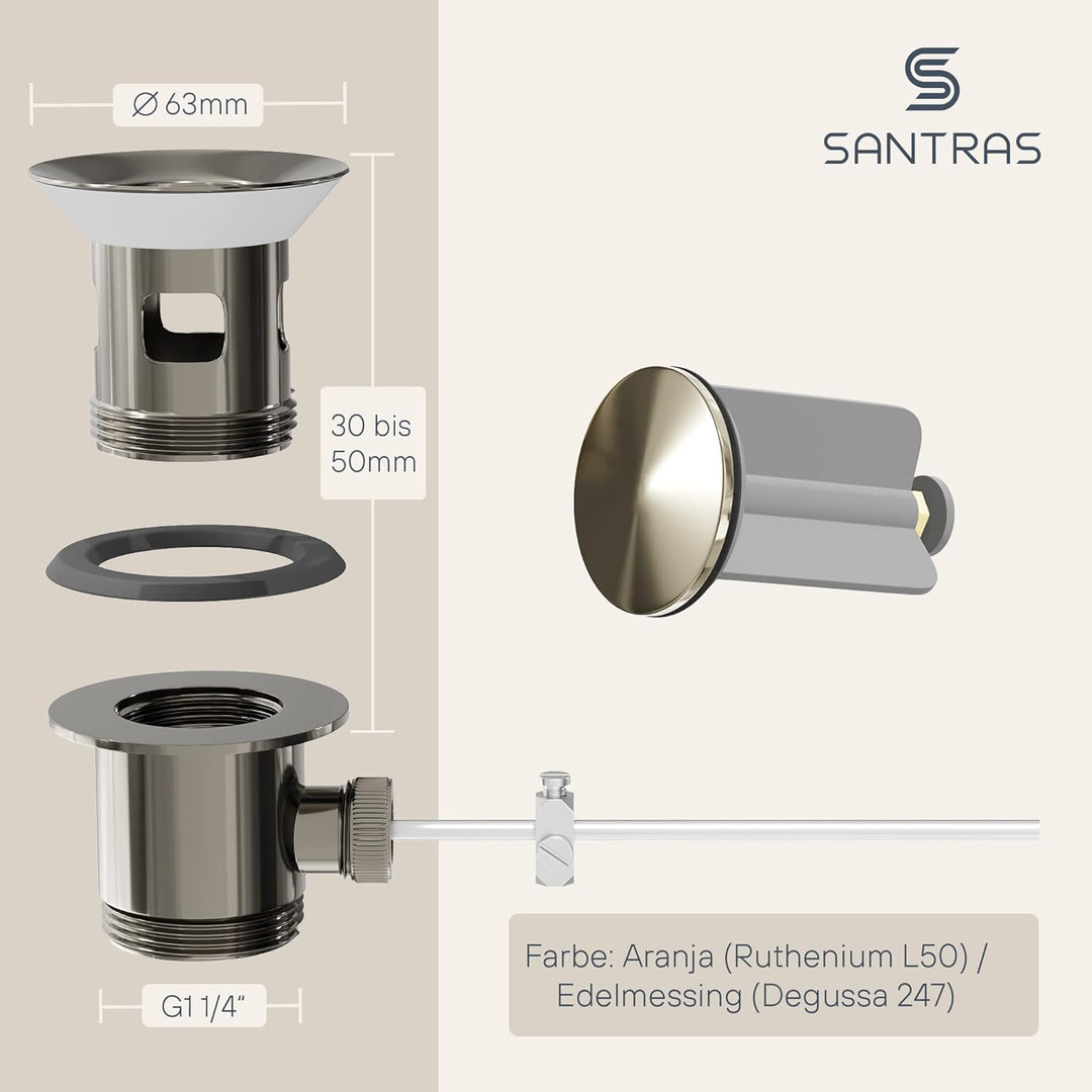 SANTRAS® Exzenter Ablaufgarnitur PREMIUM für Waschtisch mit Schutz vor Überlauf in Aranja/Gold – Kom