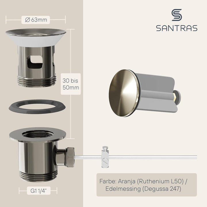 SANTRAS® Exzenter Ablaufgarnitur PREMIUM für Waschtisch mit Schutz vor Überlauf in Aranja/Gold – Kom